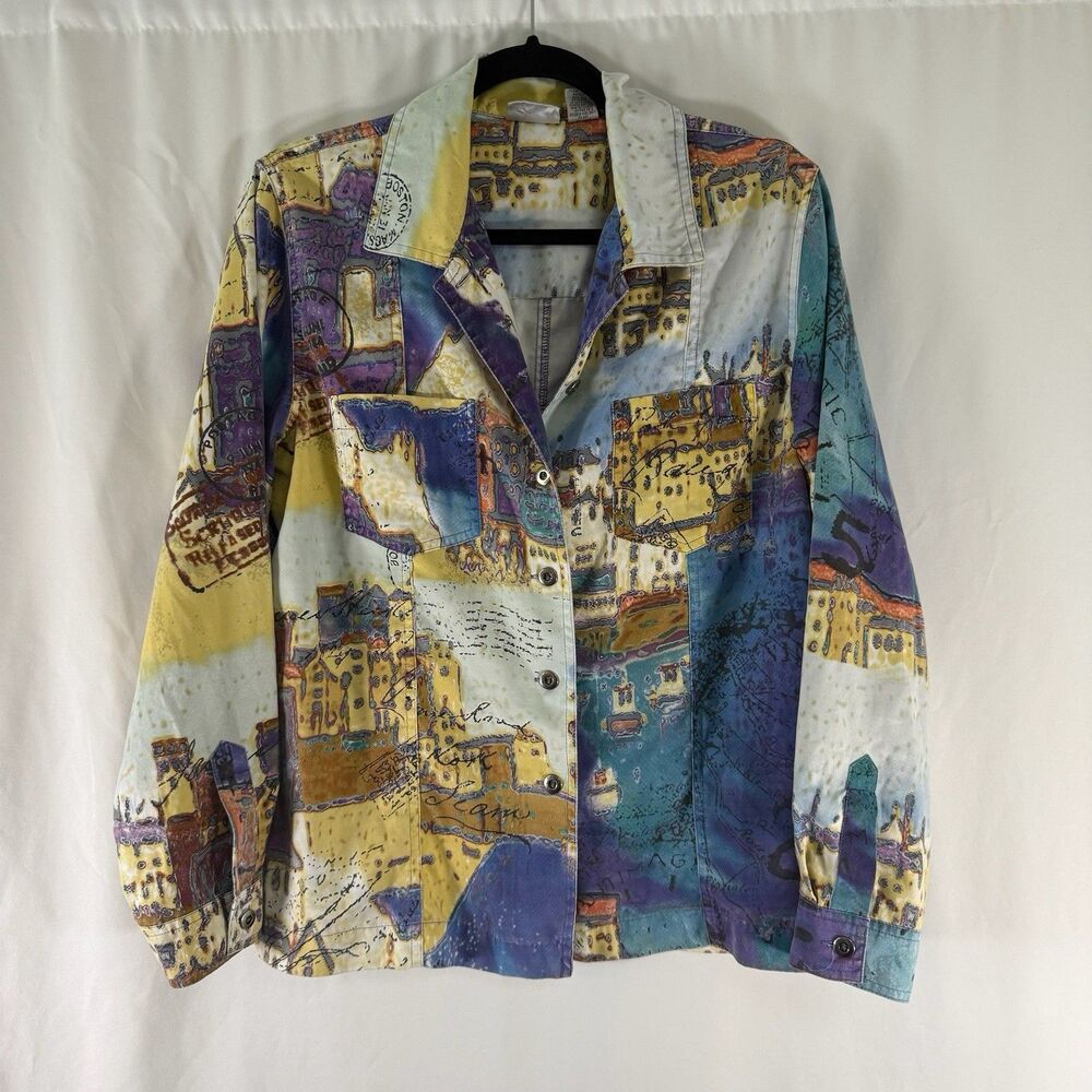 Chico's Jacket Women's 1 Medium Purple White Postage Travel Button Up Collared